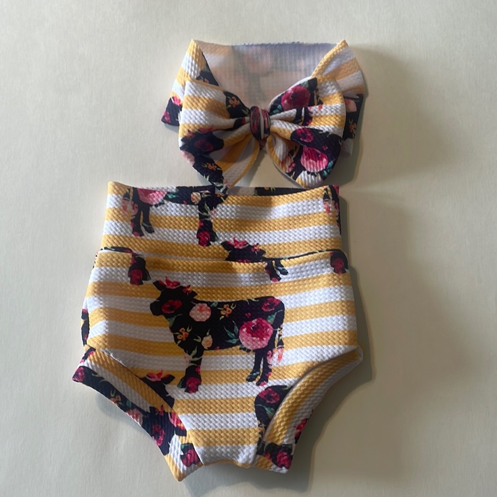 Baby girl cow bummie and bow set